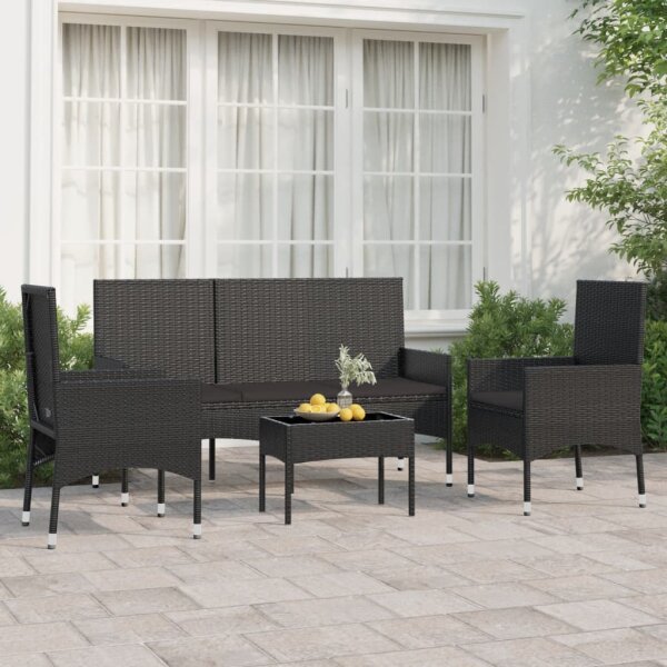 vidaXL 4-tlg. Garten-Lounge-Set mit Kissen Schwarz Poly Rattan