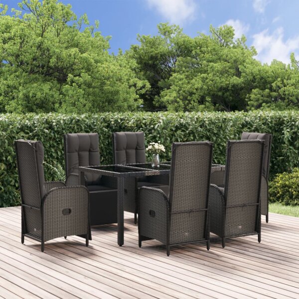 vidaXL 7-tlg. Garten-Essgruppe mit Kissen Schwarz und Grau Poly Rattan