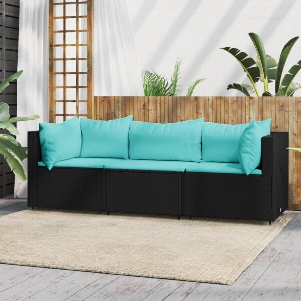 vidaXL 3-tlg. Garten-Lounge-Set mit Kissen Schwarz Poly Rattan