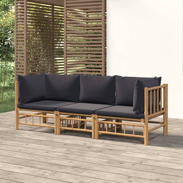 vidaXL 3-tlg. Garten-Lounge-Set mit Dunkelgrauen Kissen Bambus