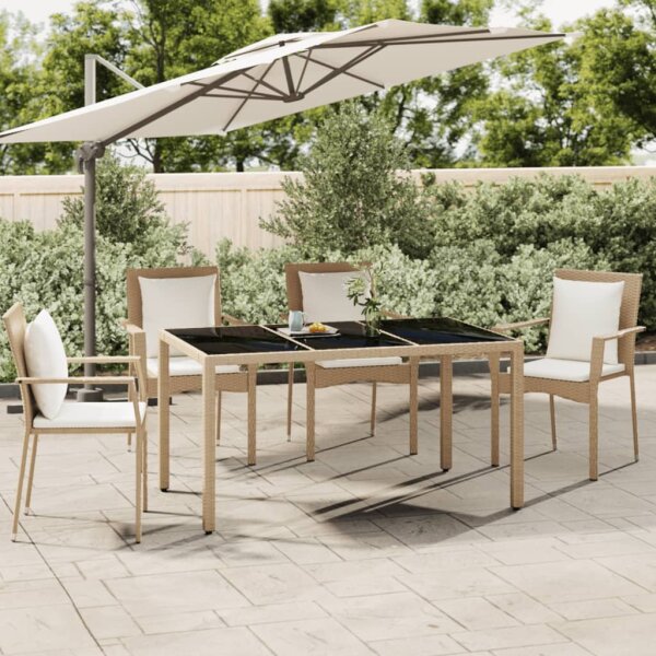 vidaXL Gartentisch mit Glasplatte Beige Poly Rattan &amp; Hartglas