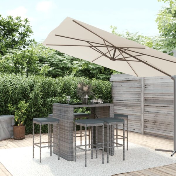 vidaXL 7-tlg. Gartenbar-Set mit Kissen Grau Poly Rattan