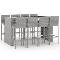 vidaXL 9-tlg. Gartenbar-Set mit Kissen Grau Poly Rattan