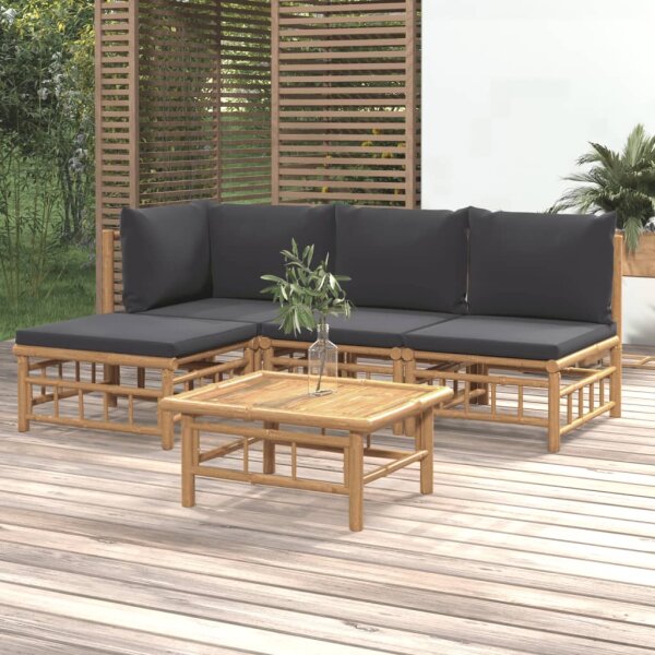 vidaXL 5-tlg. Garten-Lounge-Set mit Dunkelgrauen Kissen Bambus