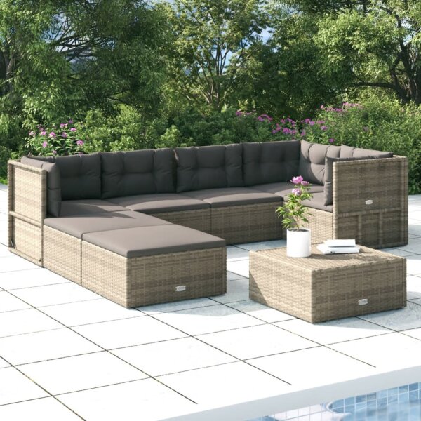 vidaXL 7-tlg. Garten-Lounge-Set mit Kissen Grau Poly Rattan