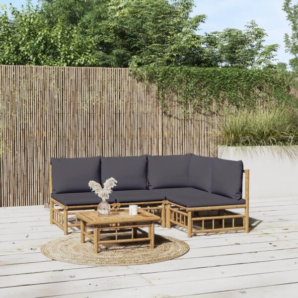 vidaXL 5-tlg. Garten-Lounge-Set mit Dunkelgrauen Kissen Bambus