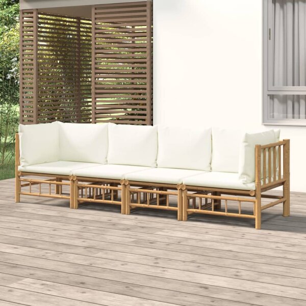 vidaXL 4-tlg. Garten-Lounge-Set mit Cremewei&szlig;en Kissen Bambus