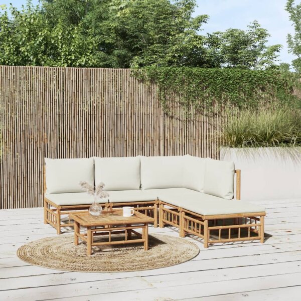 vidaXL 6-tlg. Garten-Lounge-Set mit Cremewei&szlig;en Kissen Bambus