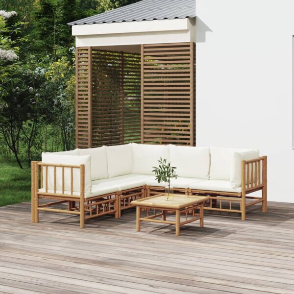 vidaXL 6-tlg. Garten-Lounge-Set mit Cremewei&szlig;en Kissen Bambus