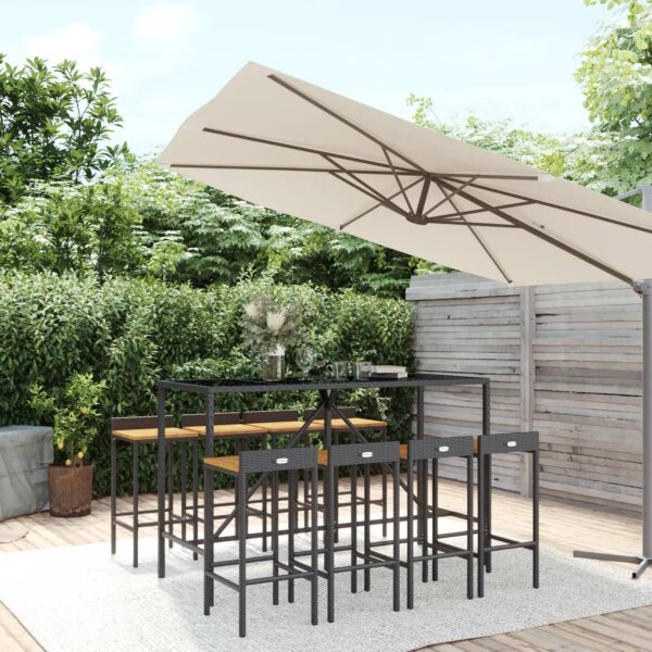 vidaXL 9-tlg. Gartenbar-Set Schwarz Poly Rattan &amp; Massivholz Akazie