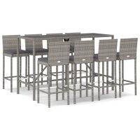 vidaXL 9-tlg. Gartenbar-Set mit Kissen Grau Poly Rattan