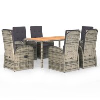 vidaXL 7-tlg. Garten-Essgruppe mit Kissen Grau Poly Rattan