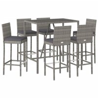 vidaXL 7-tlg. Gartenbar-Set mit Kissen Grau Poly Rattan