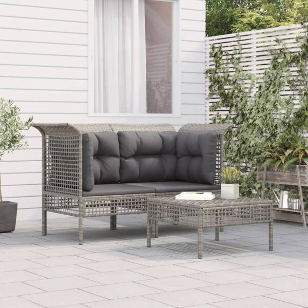 vidaXL 3-tlg. Garten-Lounge-Set mit Kissen Grau Poly Rattan