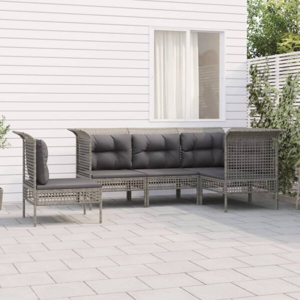 vidaXL 5-tlg. Garten-Lounge-Set mit Kissen Grau Poly Rattan