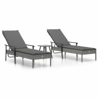 vidaXL Sonnenliegen 2 Stk. mit Tisch und Auflagen Grau Poly Rattan