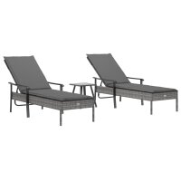 vidaXL Sonnenliegen 2 Stk. mit Tisch und Auflagen Grau Poly Rattan