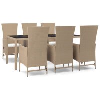 vidaXL 7-tlg. Garten-Essgruppe mit Kissen Beige Poly Rattan