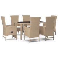 vidaXL 7-tlg. Garten-Essgruppe mit Kissen Beige Poly Rattan