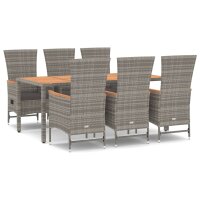vidaXL 7-tlg. Garten-Essgruppe mit Kissen Grau Poly Rattan