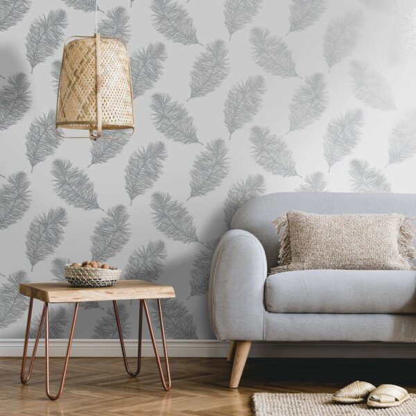 DUTCH WALLCOVERINGS Tapete Fawning Feather Hellgrau