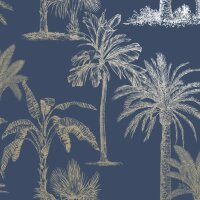 DUTCH WALLCOVERINGS Tapete Tropische B&auml;ume Marineblau und Silbern