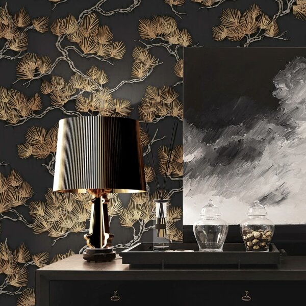 DUTCH WALLCOVERINGS Tapete Kiefer-Motiv Schwarz und Golden