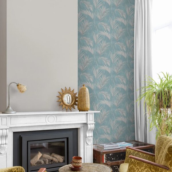 DUTCH WALLCOVERINGS Tapete Palmwedel Blau und Grau