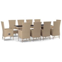 vidaXL 11-tlg. Garten-Essgruppe mit Kissen Beige Poly Rattan