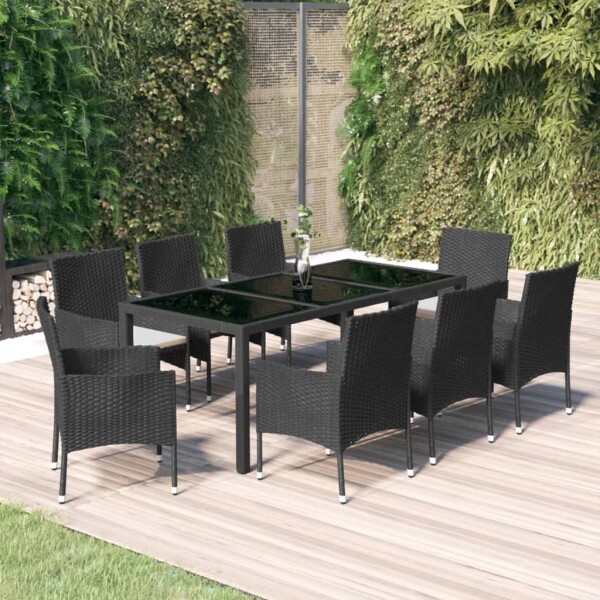 vidaXL 9-tlg. Garten-Essgruppe mit Kissen Schwarz Poly Rattan