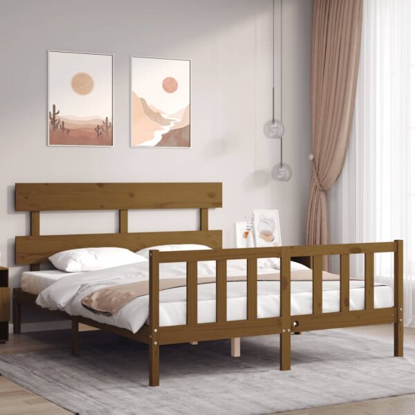 vidaXL Massivholzbett mit Kopfteil Honigbraun 5FT King Size