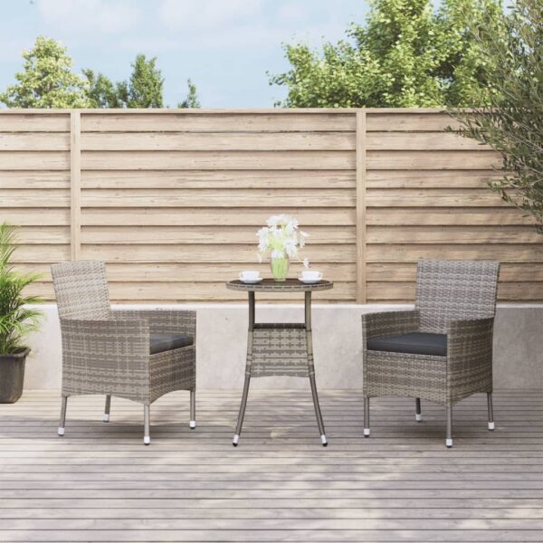 vidaXL 3-tlg. Garten-Bistro-Set mit Kissen Grau Poly Rattan