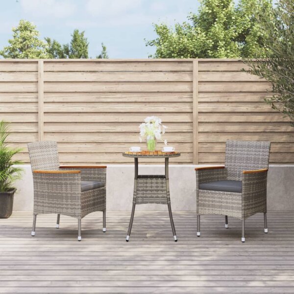 vidaXL 3-tlg. Garten-Bistro-Set mit Kissen Grau Poly Rattan