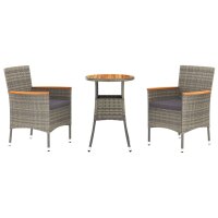 vidaXL 3-tlg. Garten-Bistro-Set mit Kissen Grau Poly Rattan