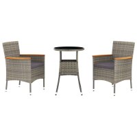 vidaXL 3-tlg. Garten-Bistro-Set mit Kissen Grau Poly Rattan