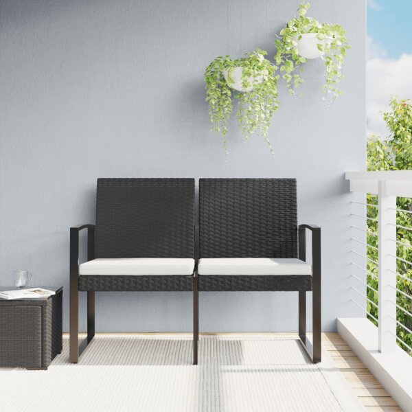 vidaXL Gartenbank 2-Sitzer mit Kissen Schwarz PP-Rattan