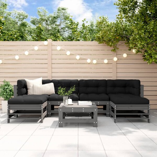 vidaXL 7-tlg. Garten-Lounge-Set mit Kissen Grau Massivholz