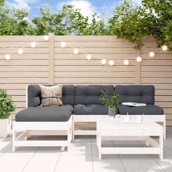 vidaXL 5-tlg. Garten-Lounge-Set mit Kissen Wei&szlig; Massivholz