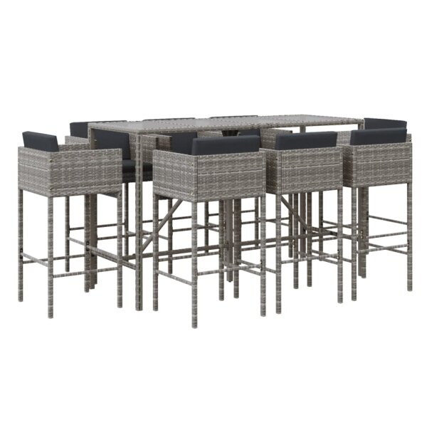 vidaXL 9-tlg. Gartenbar-Set mit Kissen Grau Poly Rattan