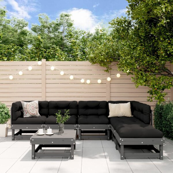 vidaXL 7-tlg. Garten-Lounge-Set mit Kissen Grau Massivholz