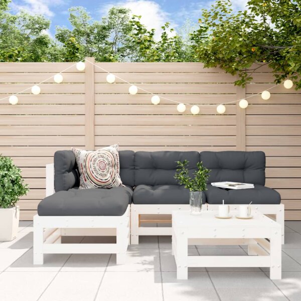 vidaXL 5-tlg. Garten-Lounge-Set mit Kissen Wei&szlig; Massivholz