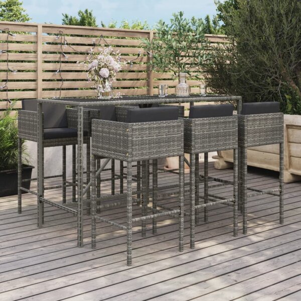 vidaXL 7-tlg. Gartenbar-Set mit Kissen Grau Poly Rattan