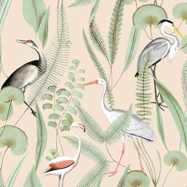 DUTCH WALLCOVERINGS Tapete Flamingo Creme und Mintgr&uuml;n