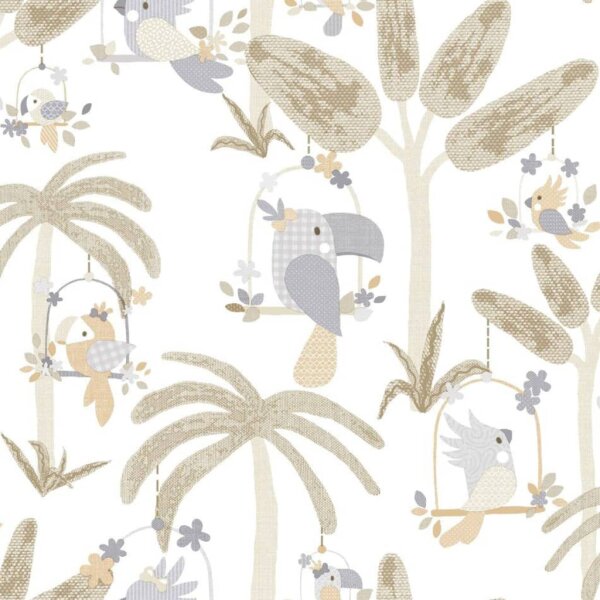 Noordwand Tapete Mondo baby Animals Birds Trees Wei&szlig; und Beige