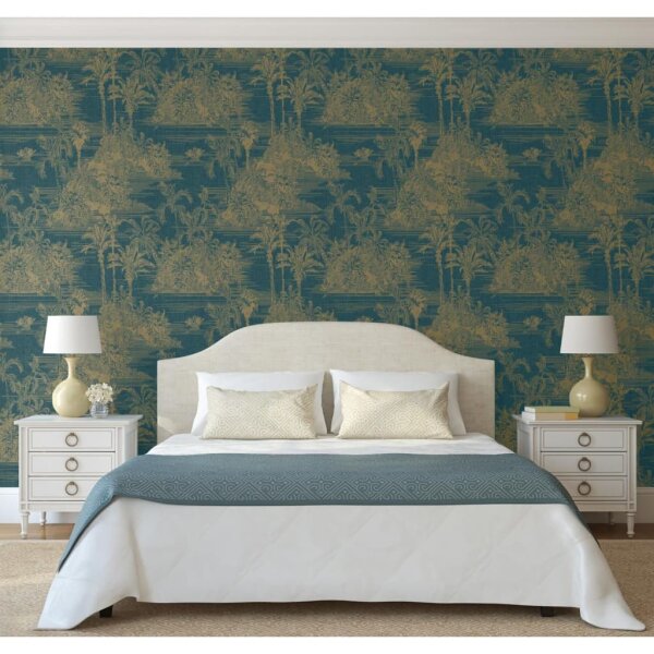 DUTCH WALLCOVERINGS Tapete Tropical Dunkelblau und Golden