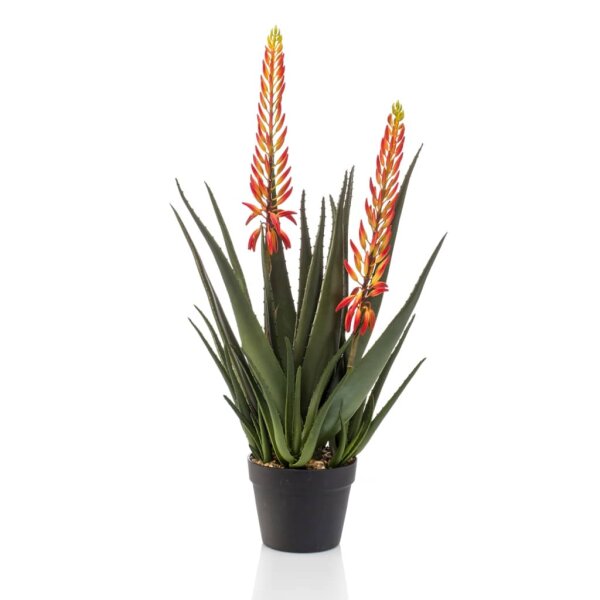 Emerald K&uuml;nstliche Aloe mit 2 Blumen 80 cm im Topf