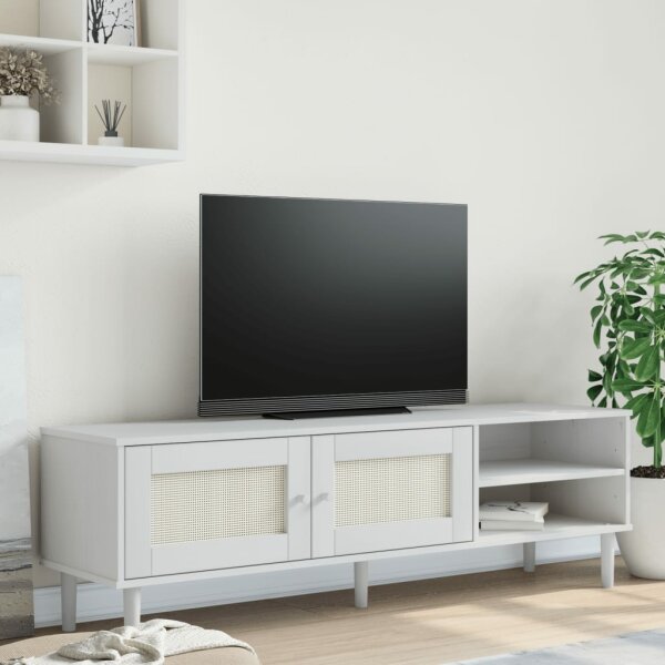 vidaXL TV-Schrank SENJA Rattan-Optik Wei&szlig; 158x40x49cm Kiefernholz