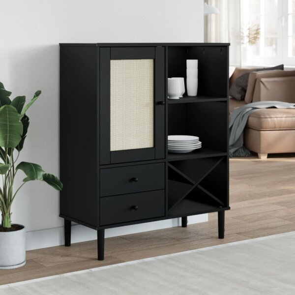 vidaXL Highboard SENJA Rattan-Optik Schwarz 90x40x112 cm Kiefernholz