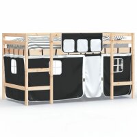 vidaXL Kinderhochbett mit Vorh&auml;ngen Wei&szlig; Schwarz 90x200cm Kiefernholz