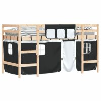 vidaXL Kinderhochbett mit Vorh&auml;ngen Wei&szlig; Schwarz 90x200cm Kiefernholz